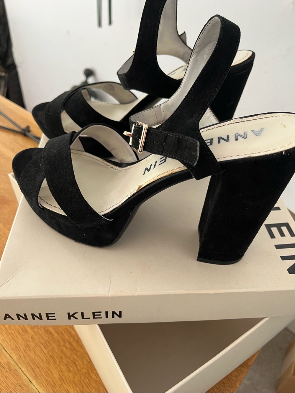 Anne Klein Black Suede 5” Platform Block Heel Sandals with Ankle Strap